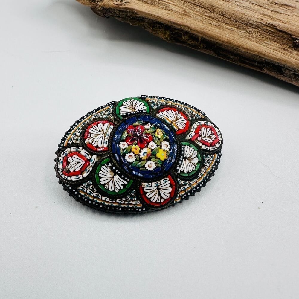 Vintage Italian Micro Mosaic Floral Brooch